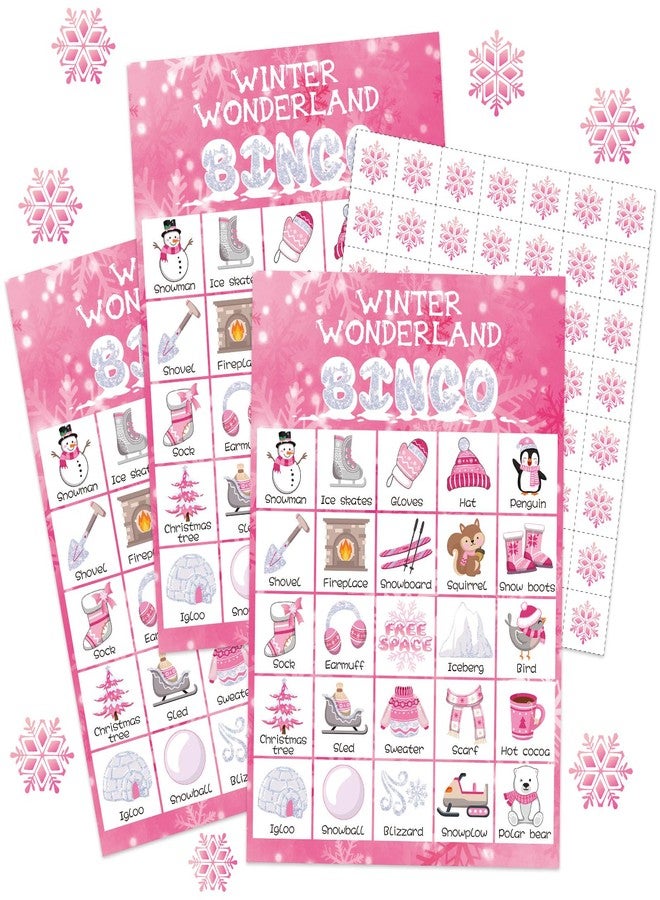 Liliful 35 Pcs Winter Bingo Games Christmas Bingo for Adult Boy Girl 24 Players Winter Card Set Christmas Party Games for Teens School Family Holiday Party Favor (Pink) - Image 1